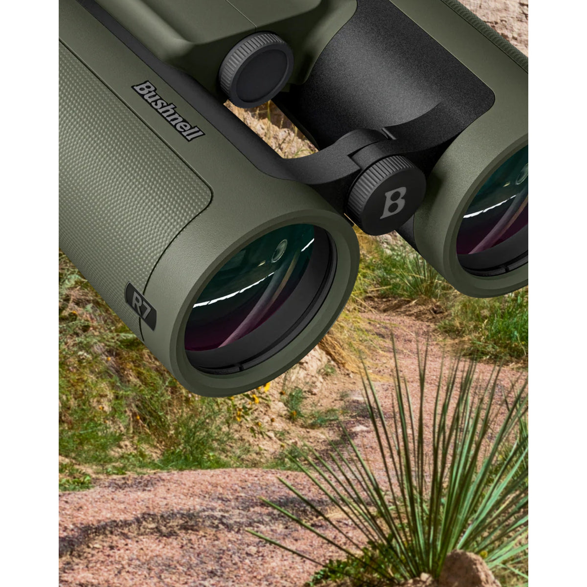 Bushnell R7 10x42 binocular with 18 mm eye relief over a 4.2 mm exit pupil and a locking dioptre