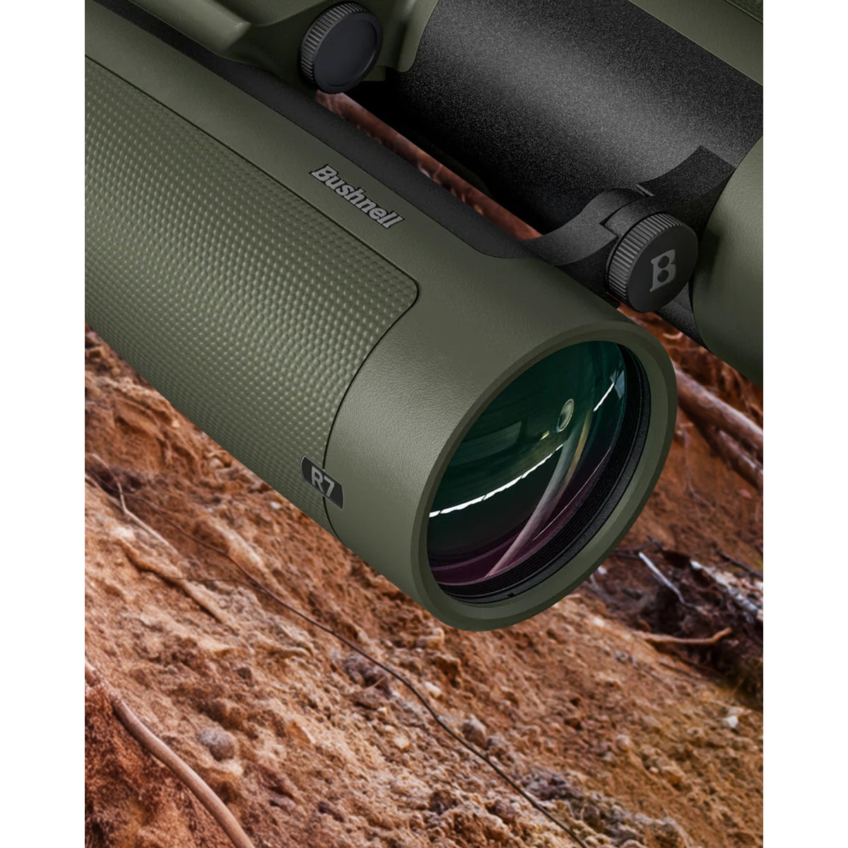 Bushnell R7 12x50 binocular on a 918 g magnesium alloy chassis, IPX7 waterproof, with 18 mm of eye relief