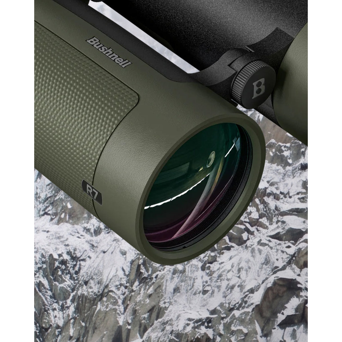 Bushnell R7 15x56 binocular with Abbe-Koenig BaK-4 prisms on a 1,510 g open-bridge magnesium chassis
