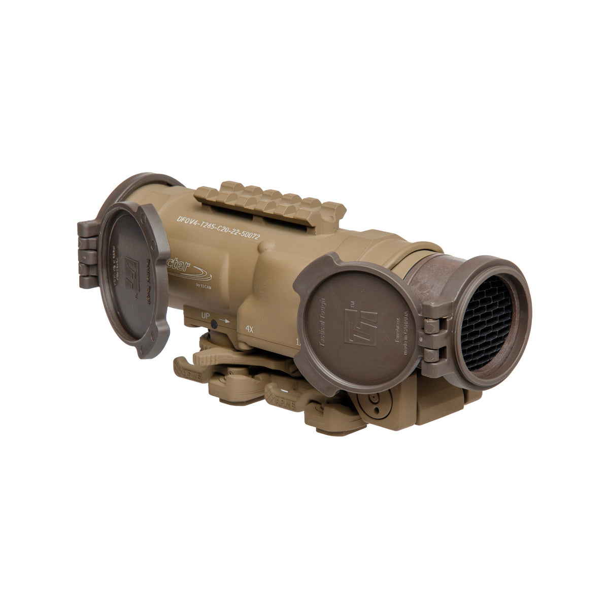 Lengthwise view of the Flat Dark Earth SpecterDR 1x/4x supplied with a XOPTEK reflex sight