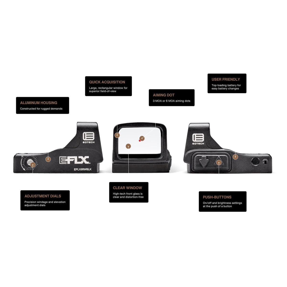 EOTech EFLX 3 MOA red dot sight in black, with 8 daylight brightness settings and a night-vision setting