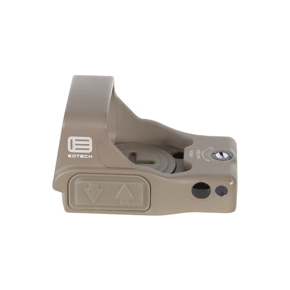 EOTech EFLX 6 MOA red dot sight in tan, with a top-loading CR2032 battery