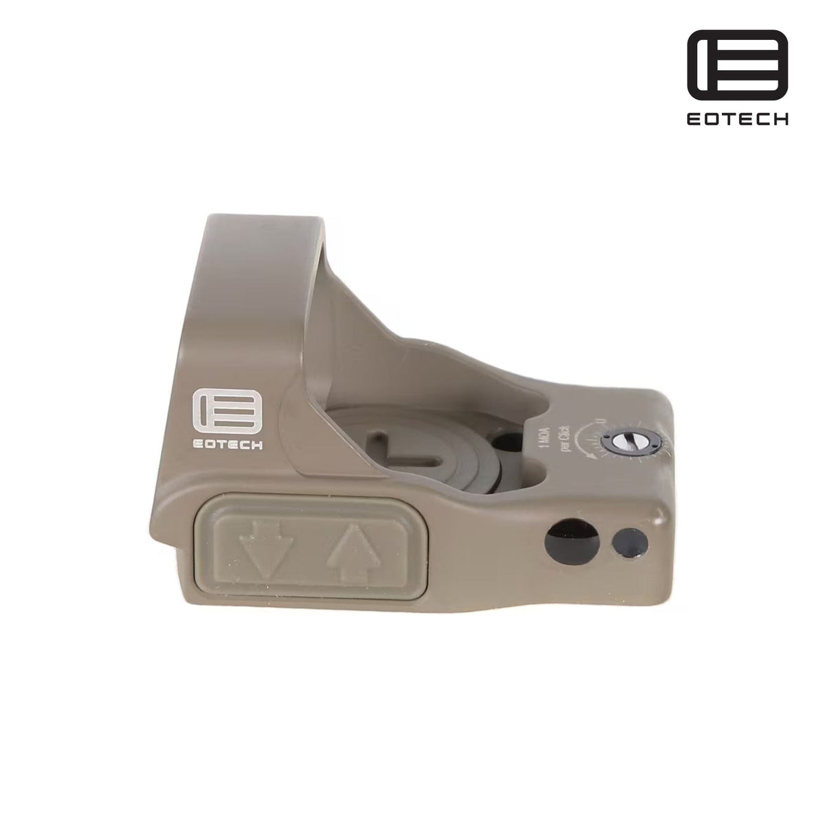 EOTech EFLX 3 MOA red dot sight in tan, with a top-loading CR2032 battery