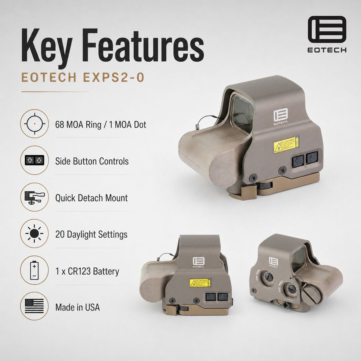 EOTech EXPS2-0 68 MOA ring holographic weapon sight in Tan with a quick-detach lever mount and 7mm raised base