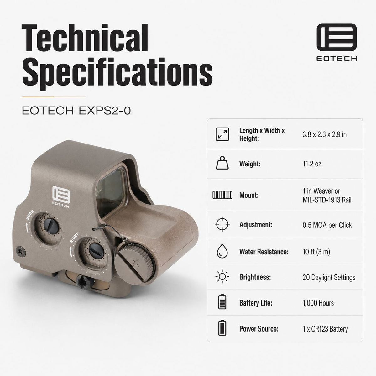 EOTech EXPS2-0 68 MOA ring holographic weapon sight in Tan with a parallax-free reticle and unlimited eye relief