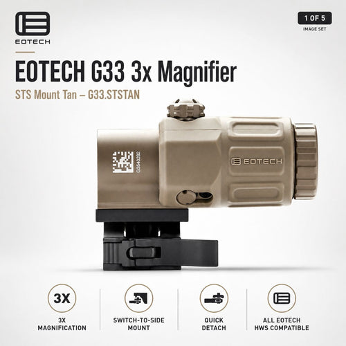 EOTech G33 3x magnifier on the flip-to-side STS mount in Tan for use behind an EOTech holographic weapon sight