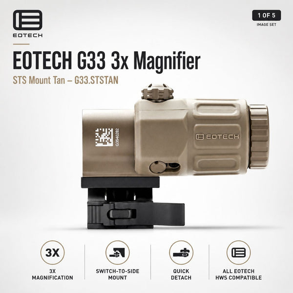 EOTech G33 3x magnifier on the flip-to-side STS mount in Tan for use behind an EOTech holographic weapon sight