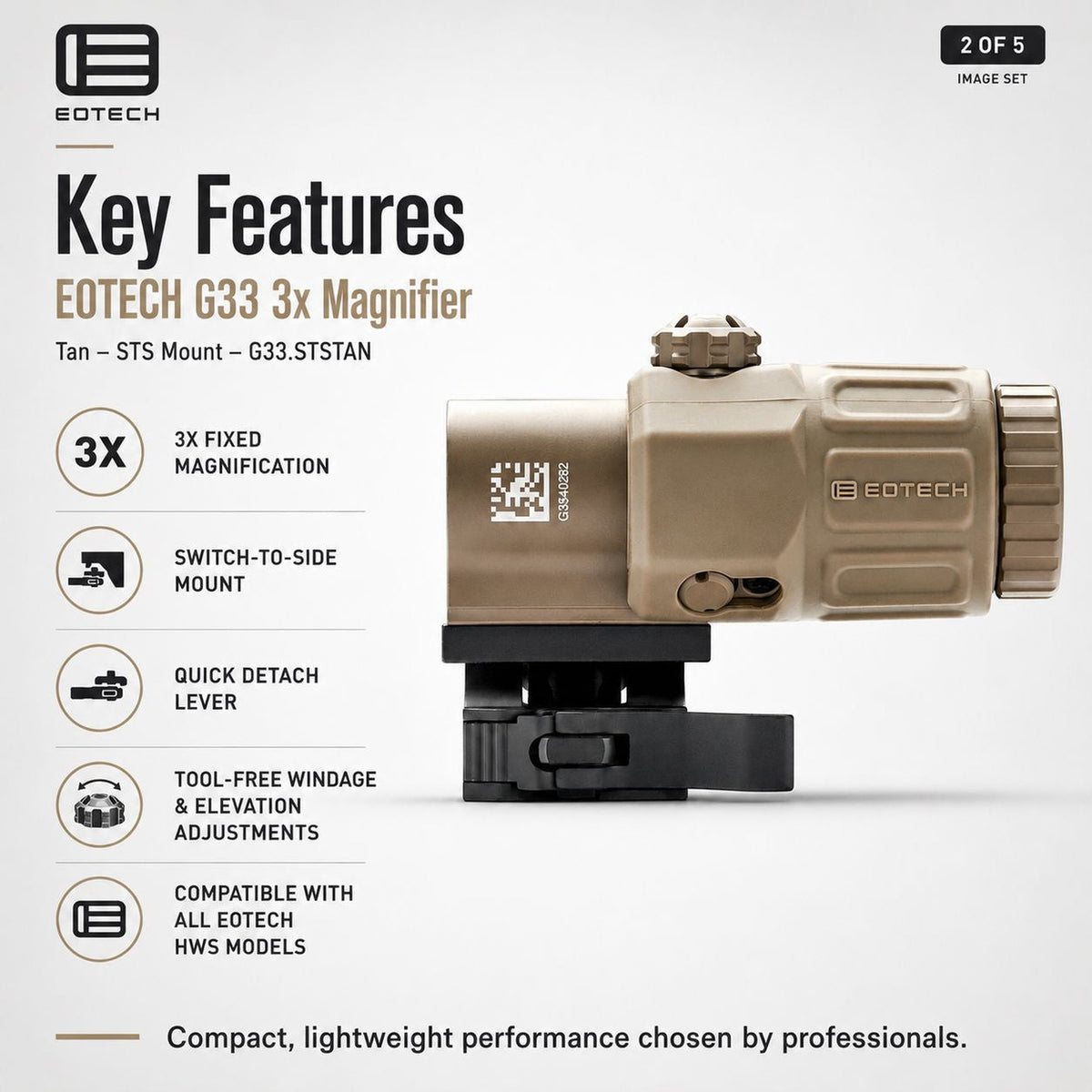 EOTech G33 3x magnifier on the flip-to-side STS mount in Tan with tool-free windage and elevation adjustment