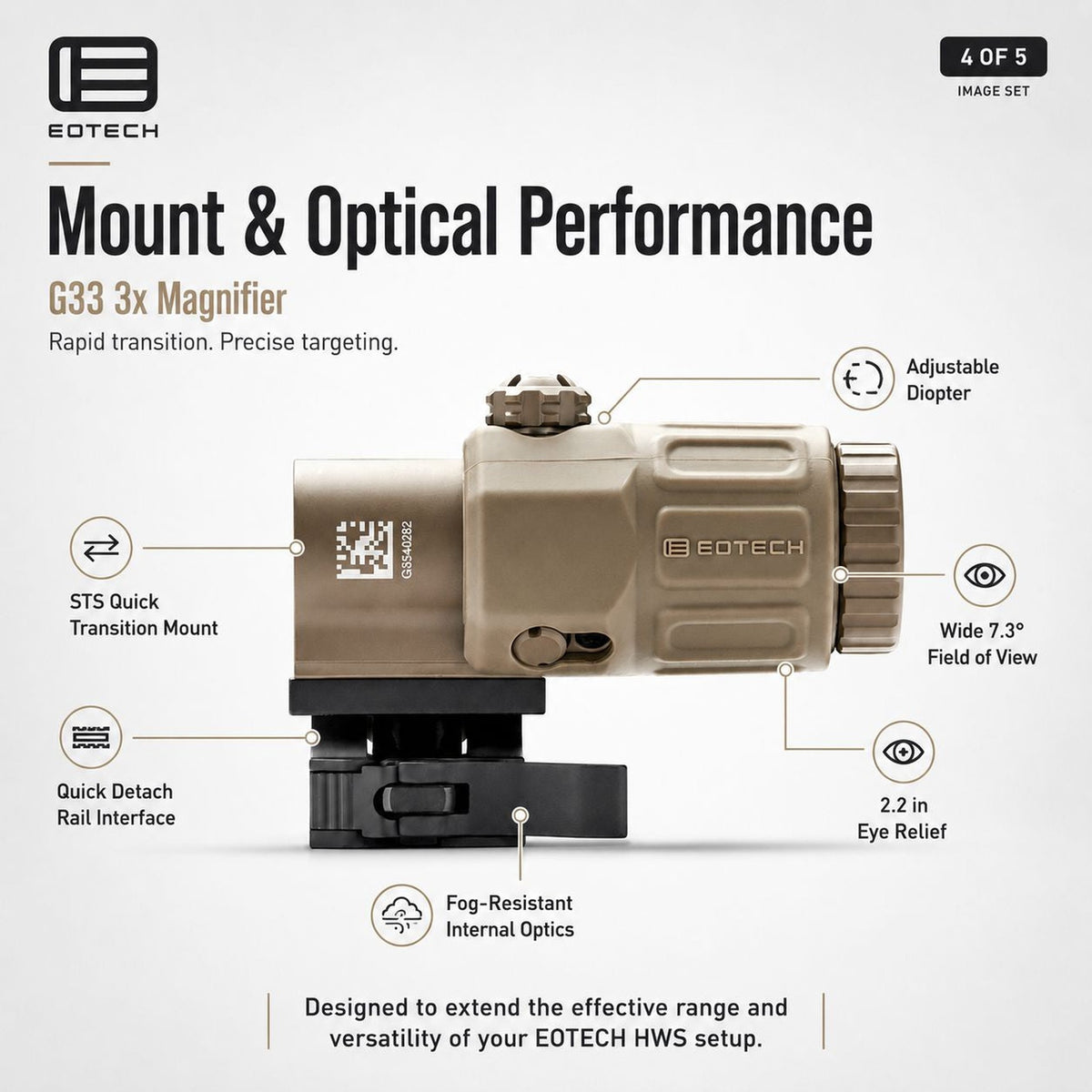 EOTech G33 3x magnifier on the flip-to-side STS mount in Tan with a fast-focus dioptre for a crisp reticle image
