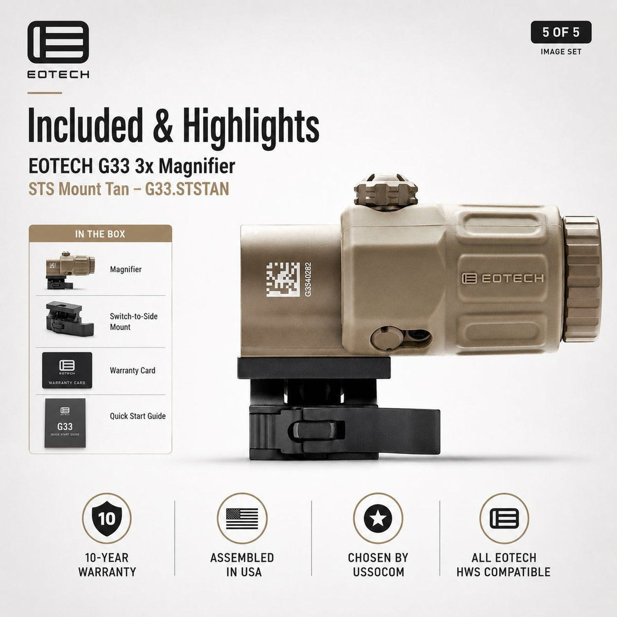 EOTech G33 3x magnifier on the flip-to-side STS mount in Tan that swings aside without disturbing the sight zero