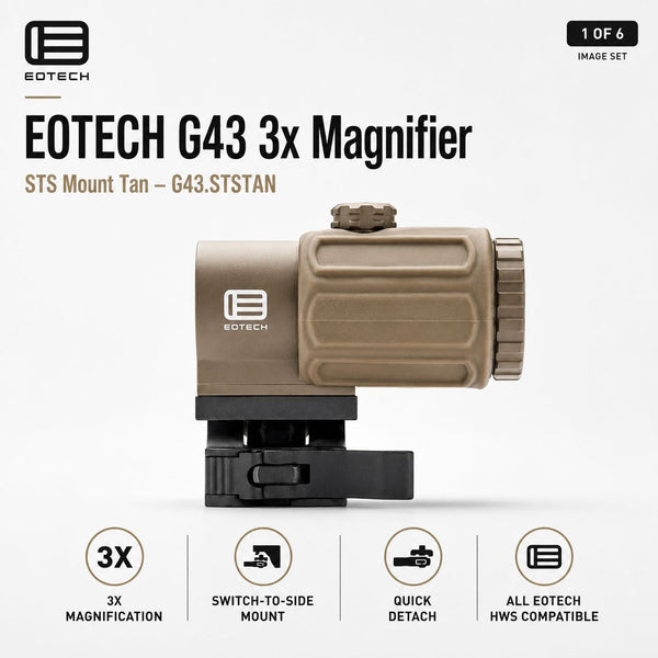 EOTech G43 3x magnifier on the flip-to-side STS mount in Tan for use behind an EOTech holographic weapon sight