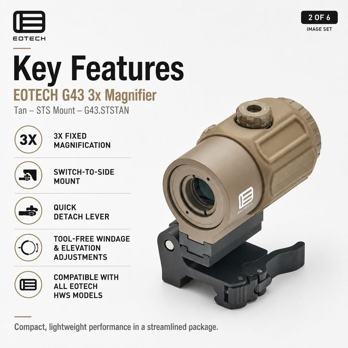 EOTech G43 3x magnifier on the flip-to-side STS mount in Tan with tool-free windage and elevation adjustment