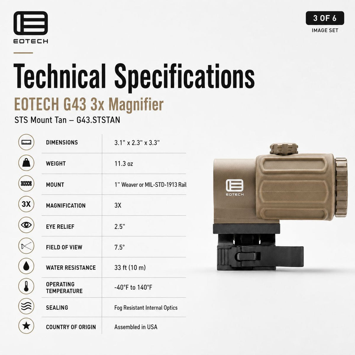 EOTech G43 3x magnifier on the flip-to-side STS mount in Tan with a fast-focus dioptre for a crisp reticle image