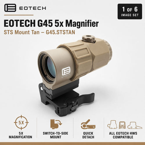 EOTech G45 5x magnifier on the flip-to-side STS mount in Tan for use behind an EOTech holographic weapon sight