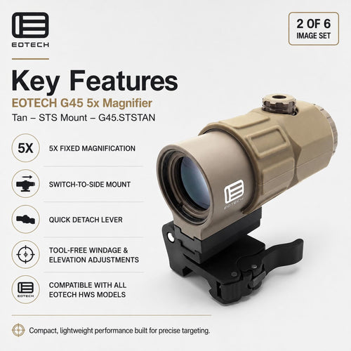 EOTech G45 5x magnifier on the flip-to-side STS mount in Tan with tool-free windage and elevation adjustment