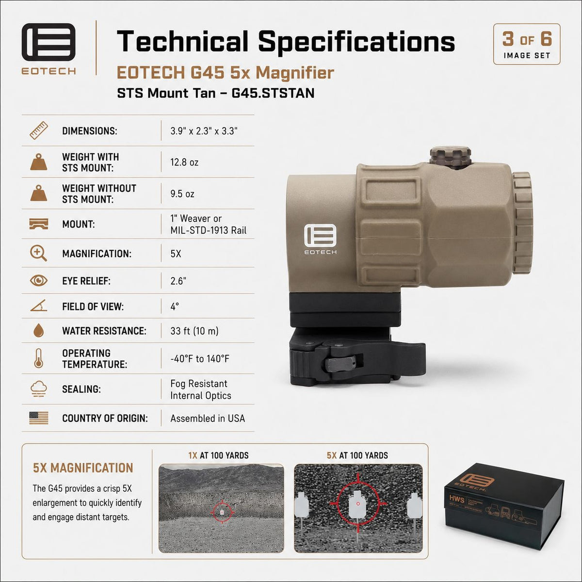 EOTech G45 5x magnifier on the flip-to-side STS mount in Tan with a fast-focus dioptre for a crisp reticle image