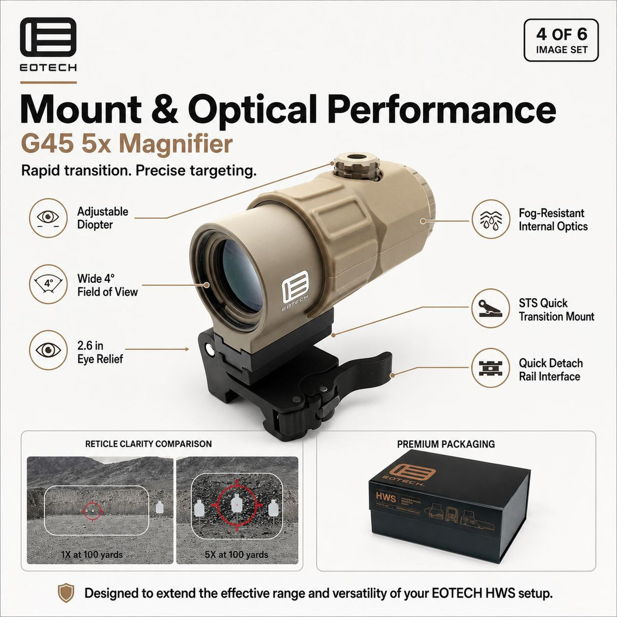 EOTech G45 5x magnifier on the flip-to-side STS mount in Tan that swings aside without disturbing the sight zero