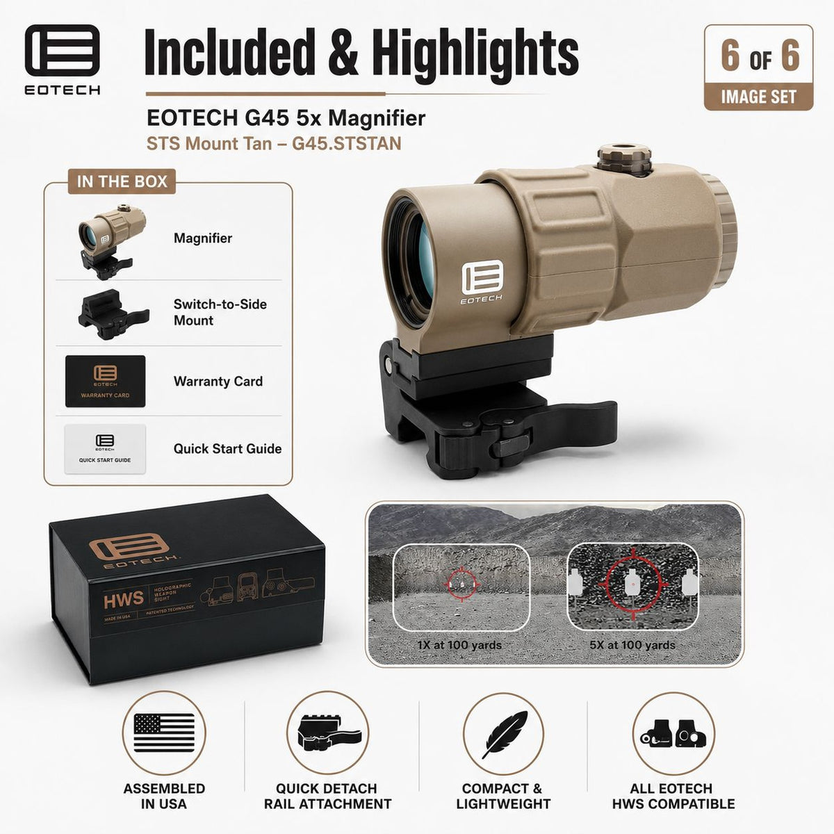 EOTech G45 5x magnifier on the flip-to-side STS mount in Tan for stretching a red dot setup to mid-range targets