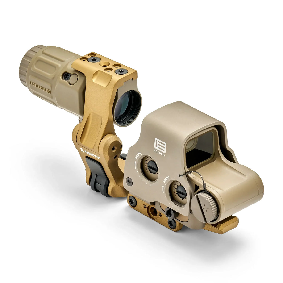 EOTech HHS UNITY I system in tan on a UNITY Tactical FAST FTC Omni flip-to-centre mount with FAST Optic Riser