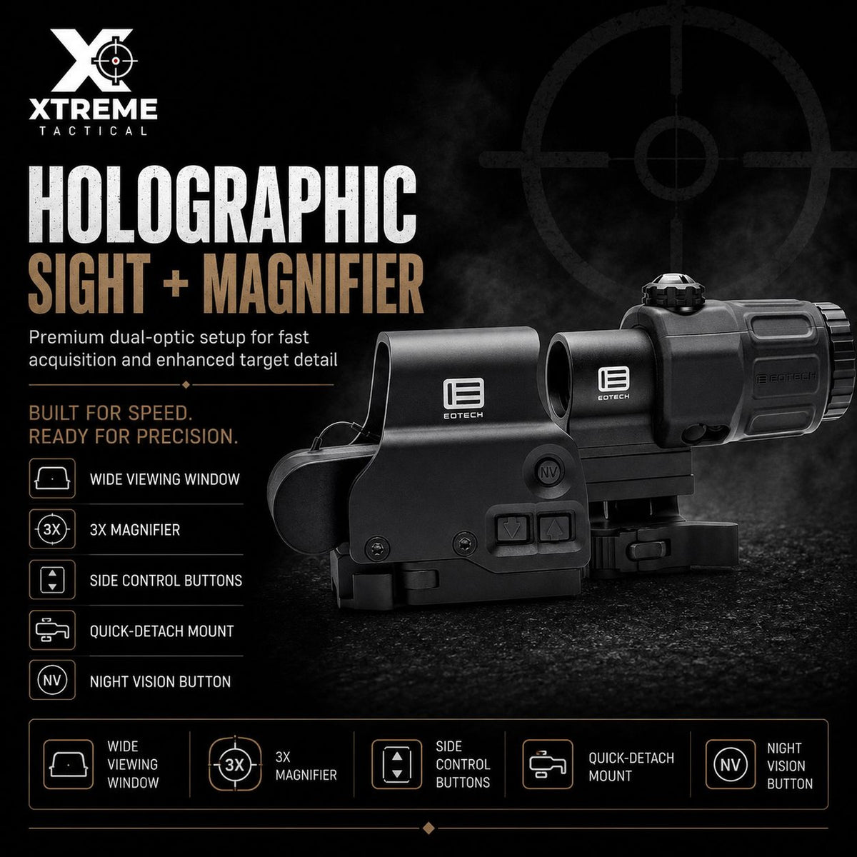 EOTech HHS VIII EXPS3-0 and G33 hybrid sight system in matte black for close-quarters speed with 3x mid-range reach