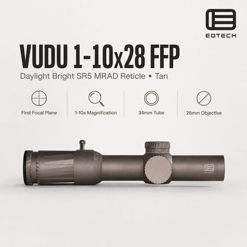 EOTech Vudu 1-10x28 daylight bright SR5 MRAD rifle scope in Tan with the reticle in the first focal plane