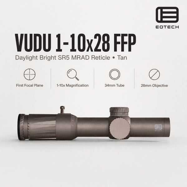 EOTech Vudu 1-10x28 daylight bright SR5 MRAD rifle scope in Tan with the reticle in the first focal plane