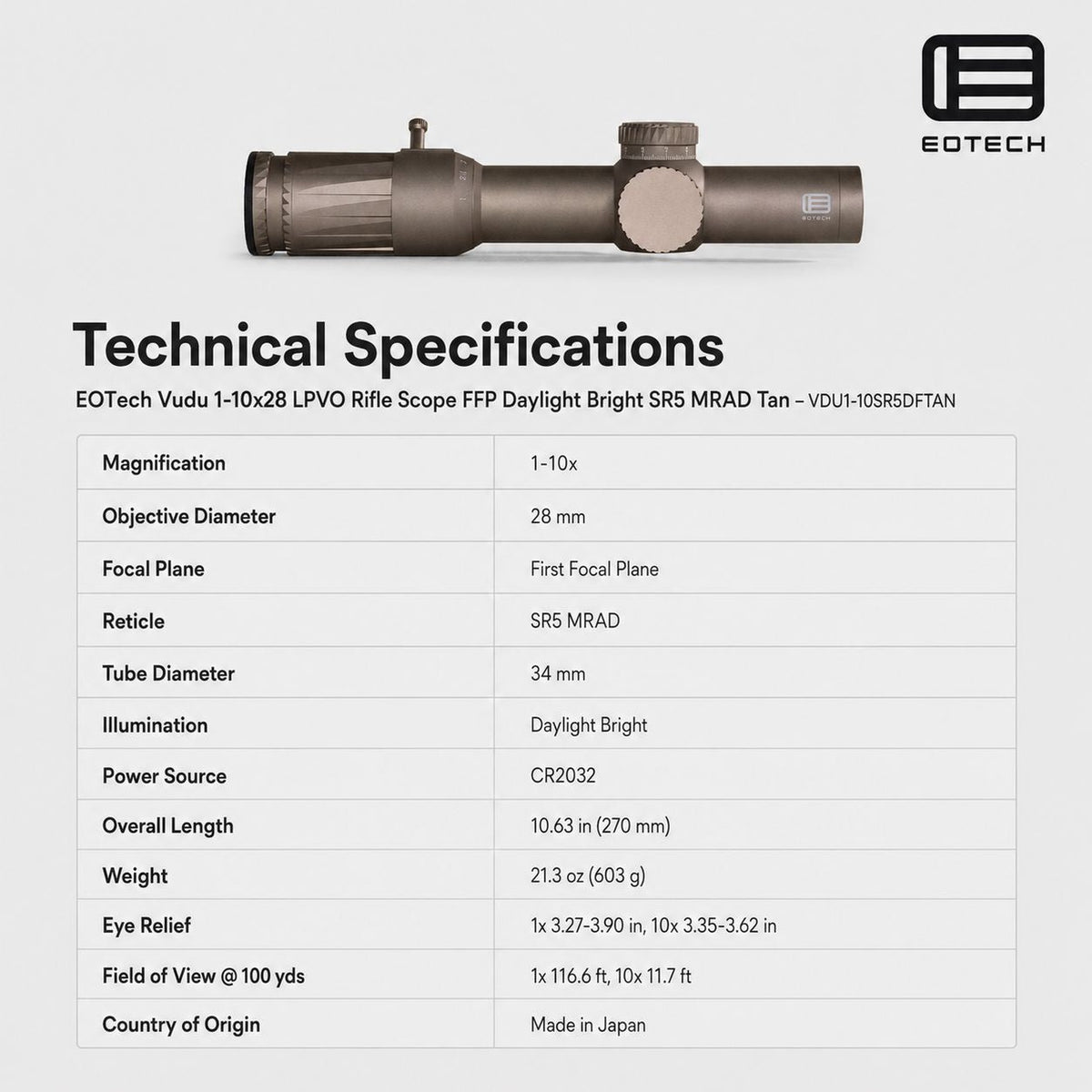 EOTech Vudu 1-10x28 daylight bright SR5 MRAD rifle scope in Tan with zero-resettable elevation and windage turrets