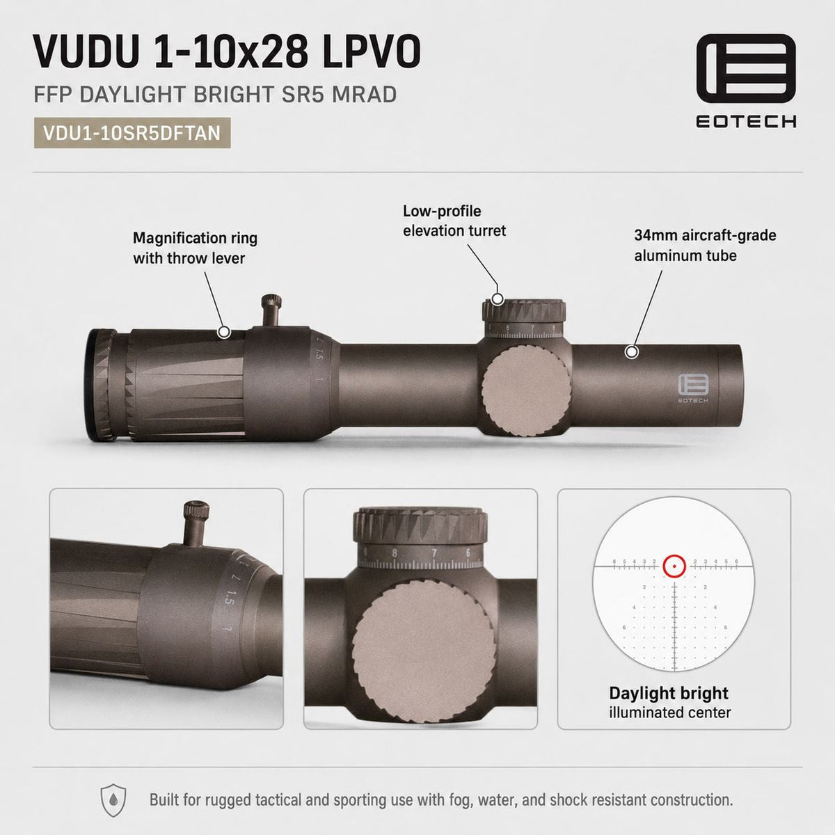 EOTech Vudu 1-10x28 daylight bright SR5 MRAD rifle scope in Tan nitrogen purged and sealed against water and fog