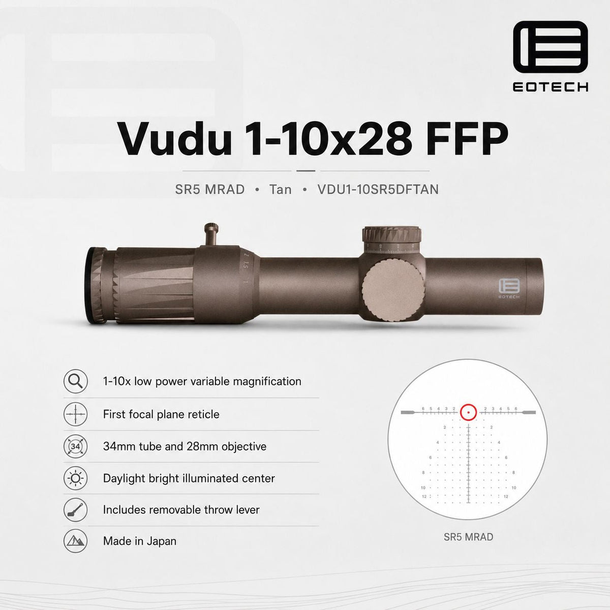 EOTech Vudu 1-10x28 daylight bright SR5 MRAD rifle scope in Tan for precision work on AR-15 and bolt-action rifles