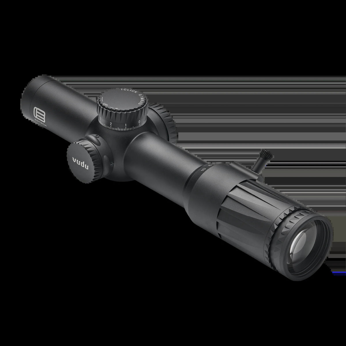 EOTech Vudu 1-10x28 SR5 MRAD rifle scope in matte black, with daylight bright illumination