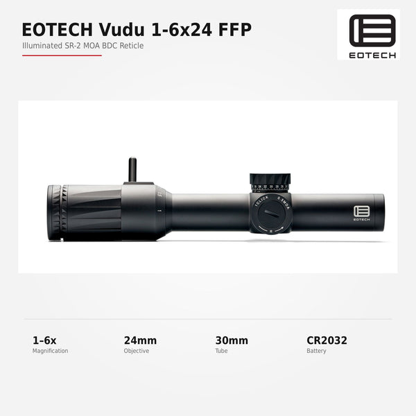 EOTech Vudu 1-6x24 SR-2 7.62 BDC LPVO rifle scope in matte black with the reticle in the first focal plane