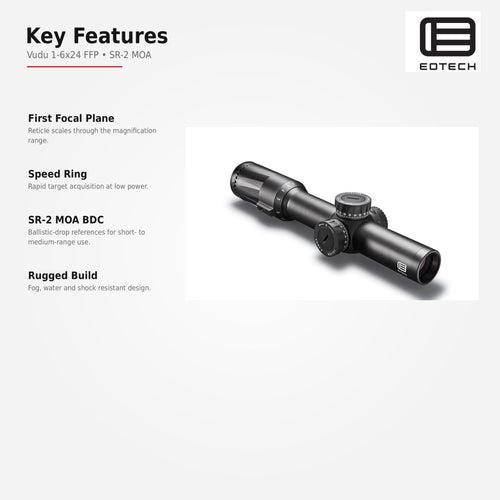 EOTech Vudu 1-6x24 SR-2 7.62 BDC LPVO rifle scope in matte black with XC high-density glass for edge-to-edge clarity