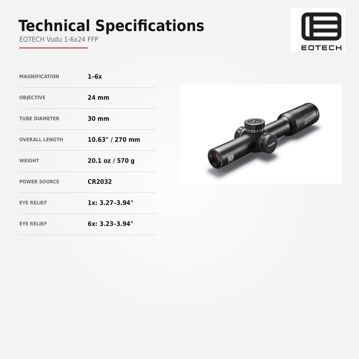 EOTech Vudu 1-6x24 SR-2 7.62 BDC LPVO rifle scope in matte black with zero-resettable elevation and windage turrets