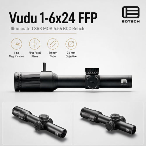 EOTech Vudu 1-6x24 SR3 MOA 5.56 BDC LPVO rifle scope in matte black with the reticle in the first focal plane