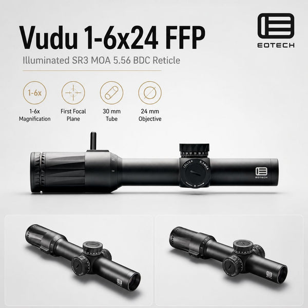 EOTech Vudu 1-6x24 SR3 MOA 5.56 BDC LPVO rifle scope in matte black with the reticle in the first focal plane
