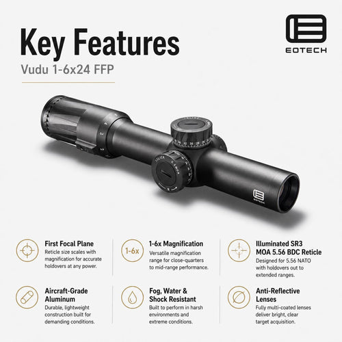 EOTech Vudu 1-6x24 SR3 MOA 5.56 BDC LPVO rifle scope in matte black with XC high-density glass for edge-to-edge clarity