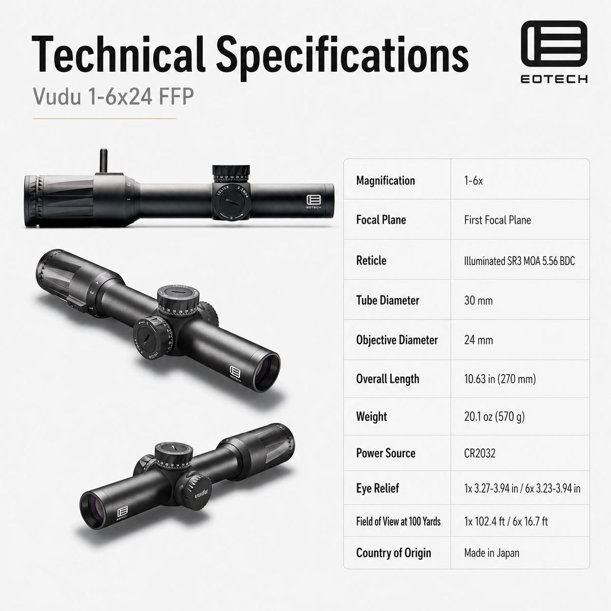 EOTech Vudu 1-6x24 SR3 MOA 5.56 BDC LPVO rifle scope in matte black with zero-resettable elevation and windage turrets