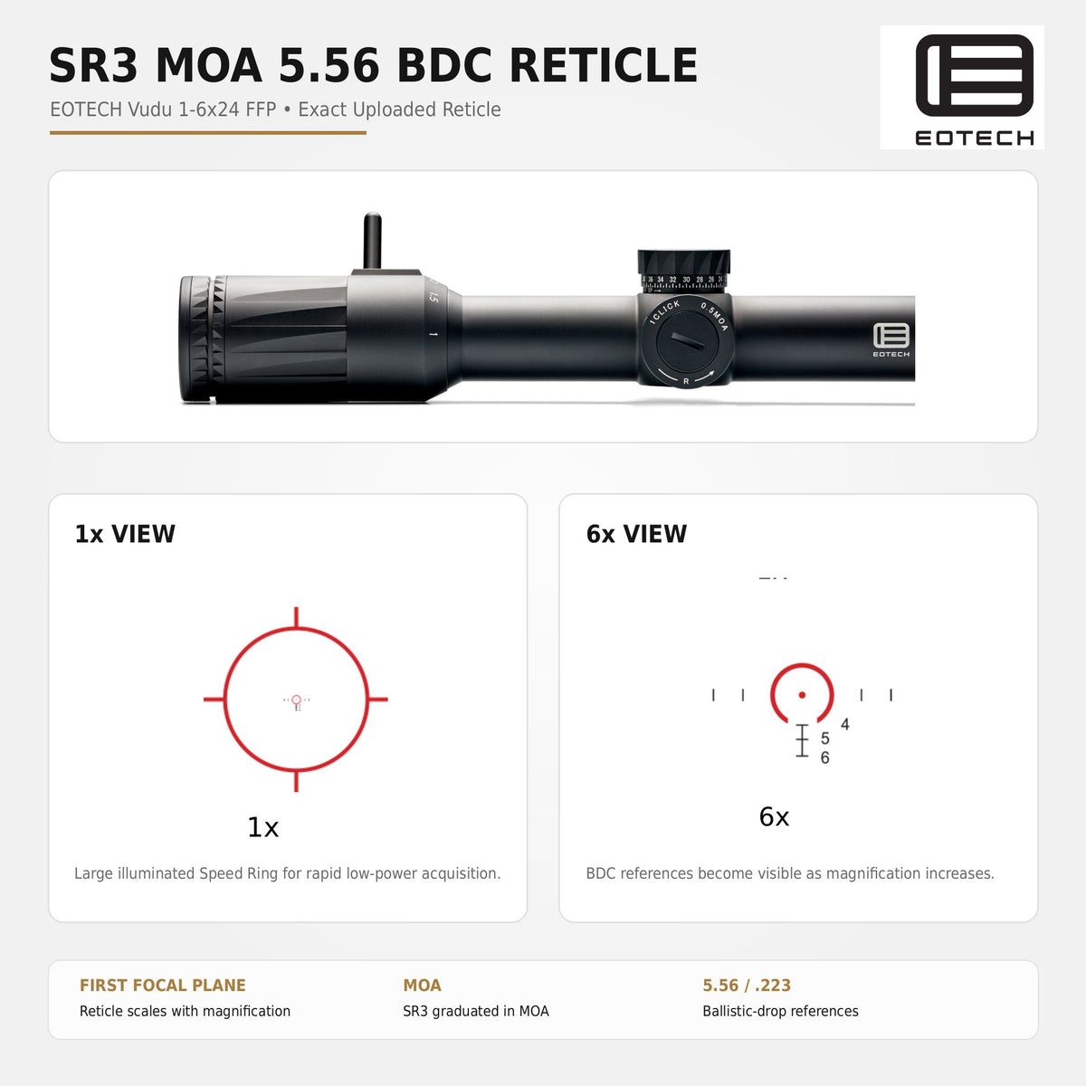 EOTech Vudu 1-6x24 SR3 MOA 5.56 BDC LPVO rifle scope in matte black with a fast-focus eyepiece and forgiving eye relief