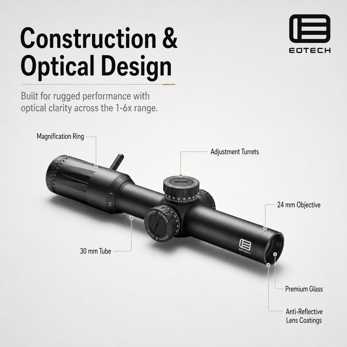 EOTech Vudu 1-6x24 SR3 MOA 5.56 BDC LPVO rifle scope in matte black nitrogen purged and sealed against water and fog