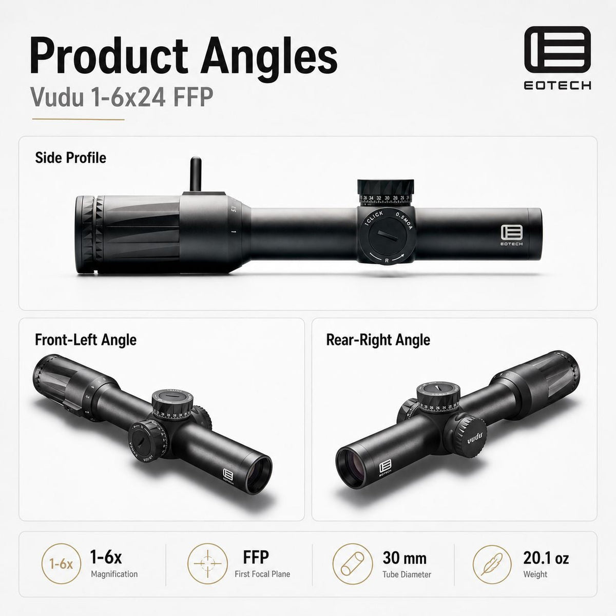 EOTech Vudu 1-6x24 SR3 MOA 5.56 BDC LPVO rifle scope in matte black for precision work on AR-15 and bolt-action rifles
