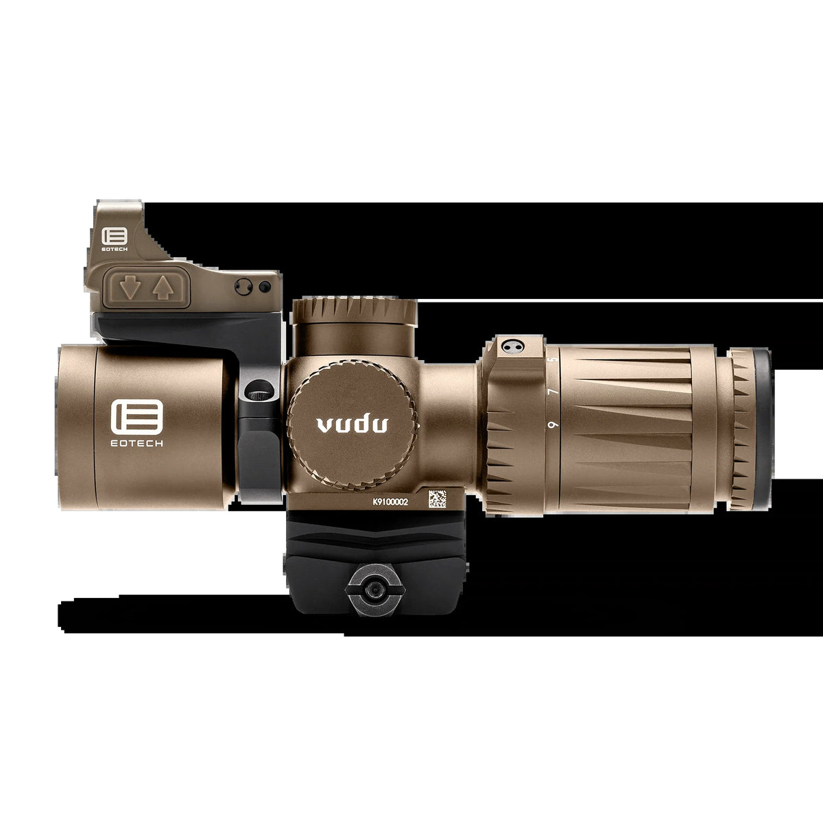 EOTech Vudu 3-9x32 MR5 MRAD scope and EFLX red dot package in Tan, with a 30mm ring mount
