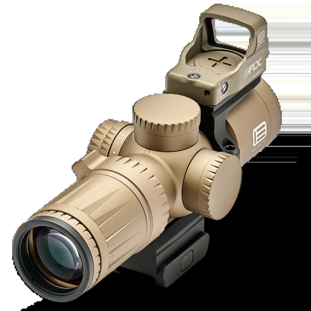EOTech Vudu 3-9x32 MR5 MRAD scope and EFLX red dot package in Tan, supplied with the EFLX sight fitted