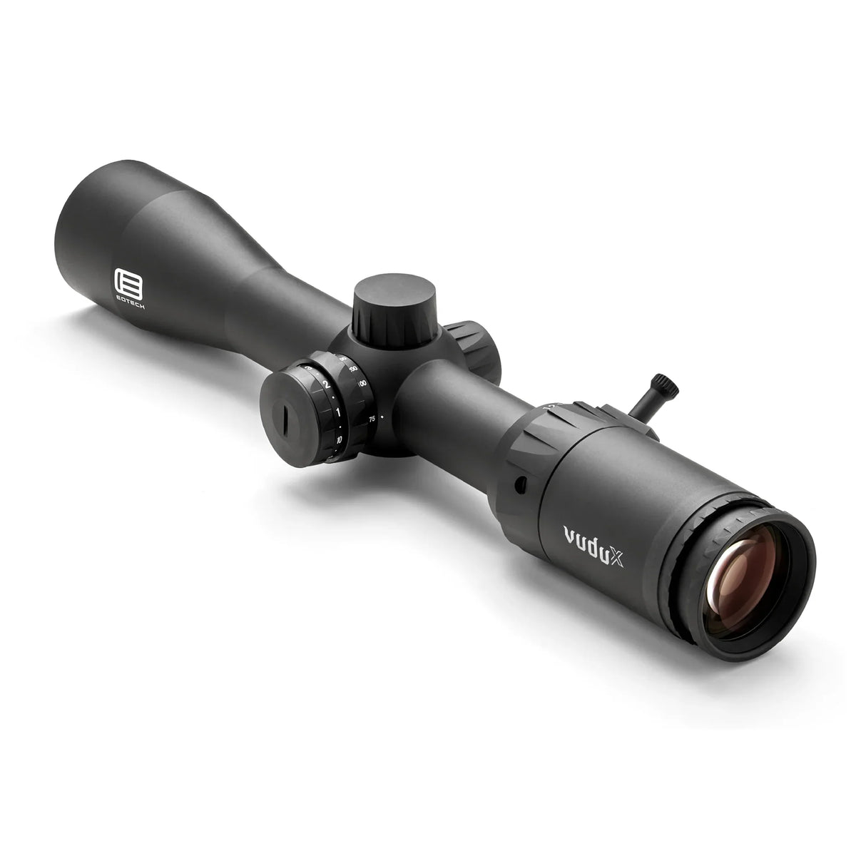 EOTech Vudu X 2-12x40 rifle scope SFP BD1 in black with precision windage and elevation turrets, running on a CR2032 cell