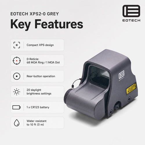 EOTech XPS2-0 68 MOA ring holographic weapon sight in Grey with a compact transverse CR123 battery housing