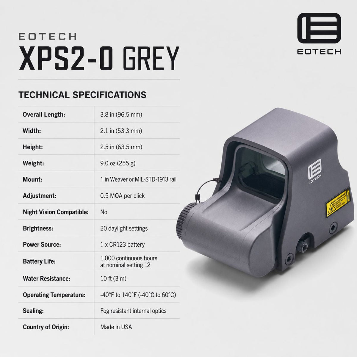 EOTech XPS2-0 68 MOA ring holographic weapon sight in Grey with a parallax-free reticle and unlimited eye relief