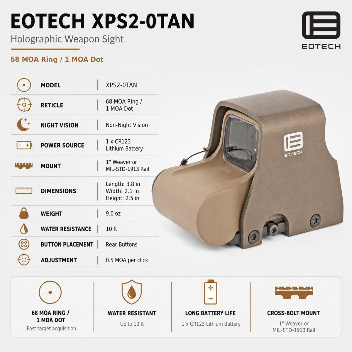 EOTech XPS2-0 68 MOA ring holographic weapon sight in Tan with a parallax-free reticle and unlimited eye relief