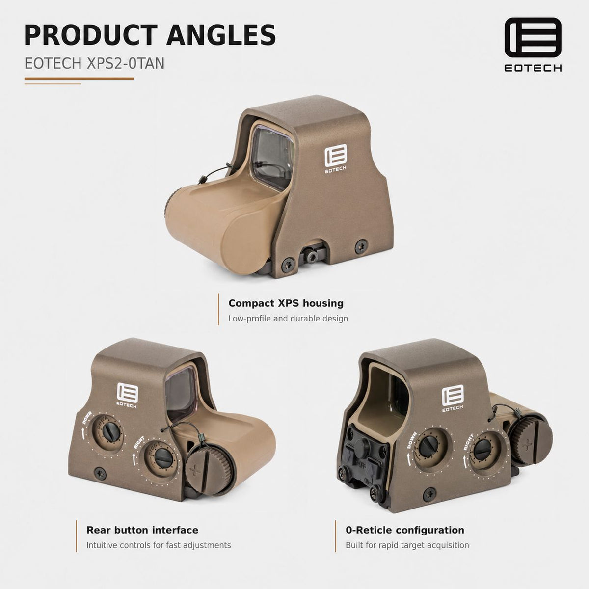 EOTech XPS2-0 68 MOA ring holographic weapon sight in Tan powered by a single CR123 lithium battery
