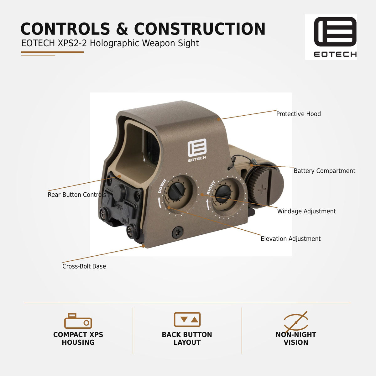 EOTech XPS2-2 68 MOA ring holographic weapon sight in Tan with a compact transverse CR123 battery housing