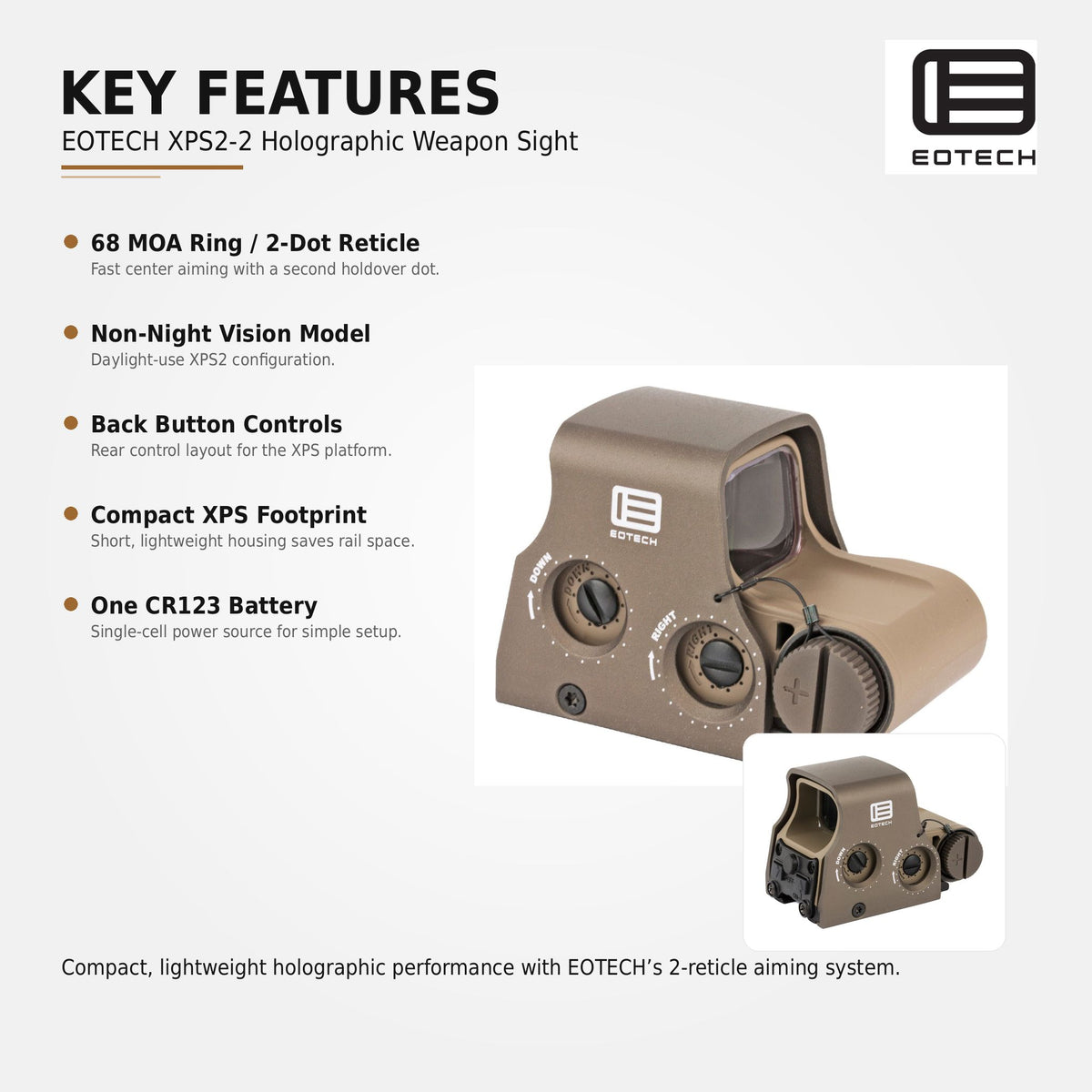 EOTech XPS2-2 68 MOA ring holographic weapon sight in Tan with a parallax-free reticle and unlimited eye relief