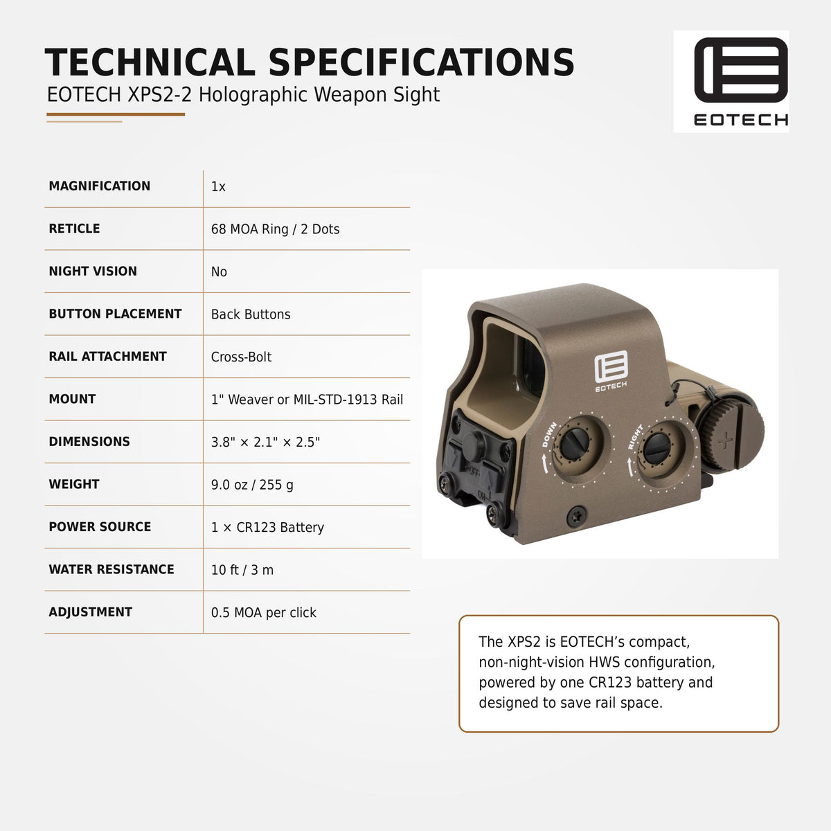 EOTech XPS2-2 68 MOA ring holographic weapon sight in Tan powered by a single CR123 lithium battery